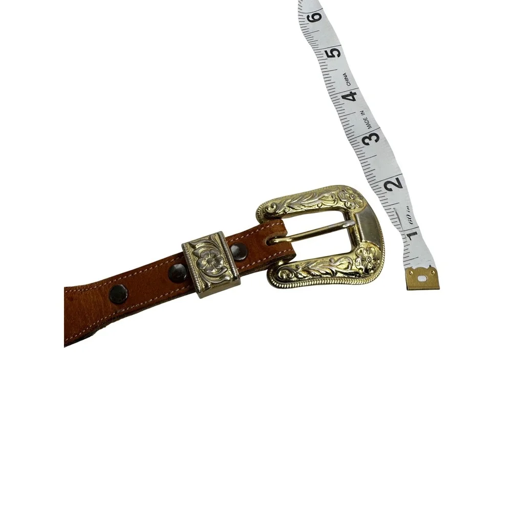 Tony Lama Leather Belt Sz‎ 34 Brown Gold Buckle Made In USA brass Buckle Western